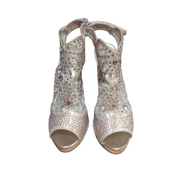 Hot Tomato Rhinestones Sequins Open Toe Ankle Strap High Heel Pumps 3" 9M Gold - Picture 1 of 5